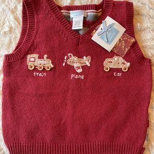 NEW Janie & Jack Baby Boy Layette Red Sweater Vest 6-12 Train Plane Car Wool NWT